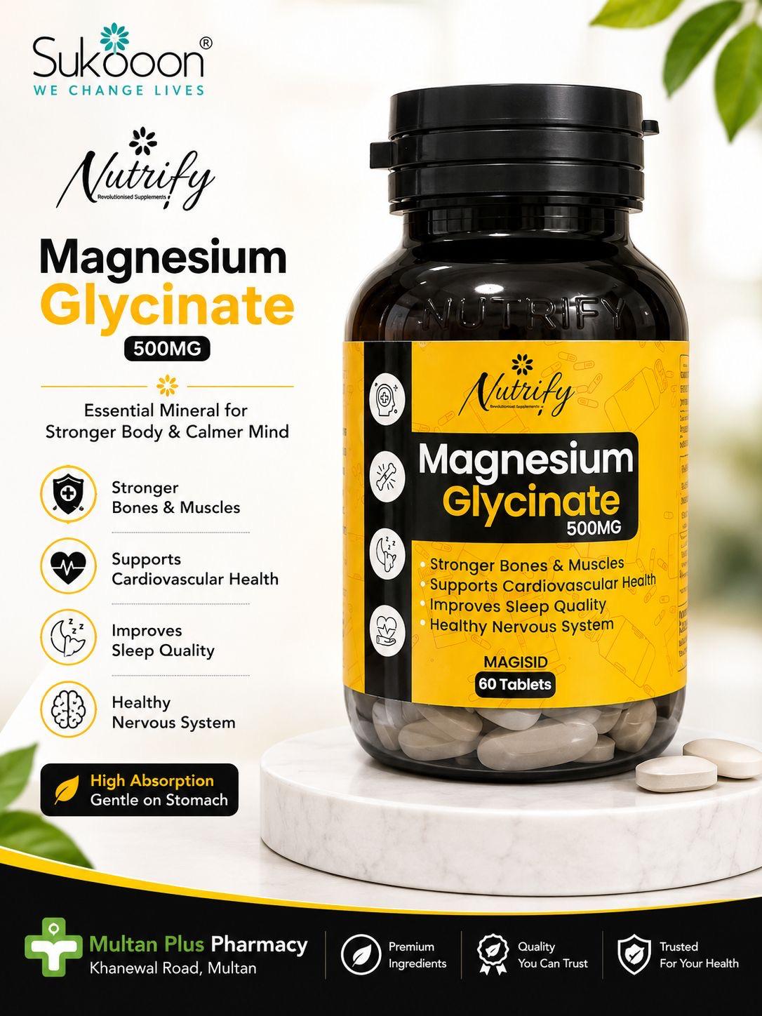 Magnesium Glycinate | For Bones, Muscle & Nerves Support (1 Bottle = 60 Tablets)